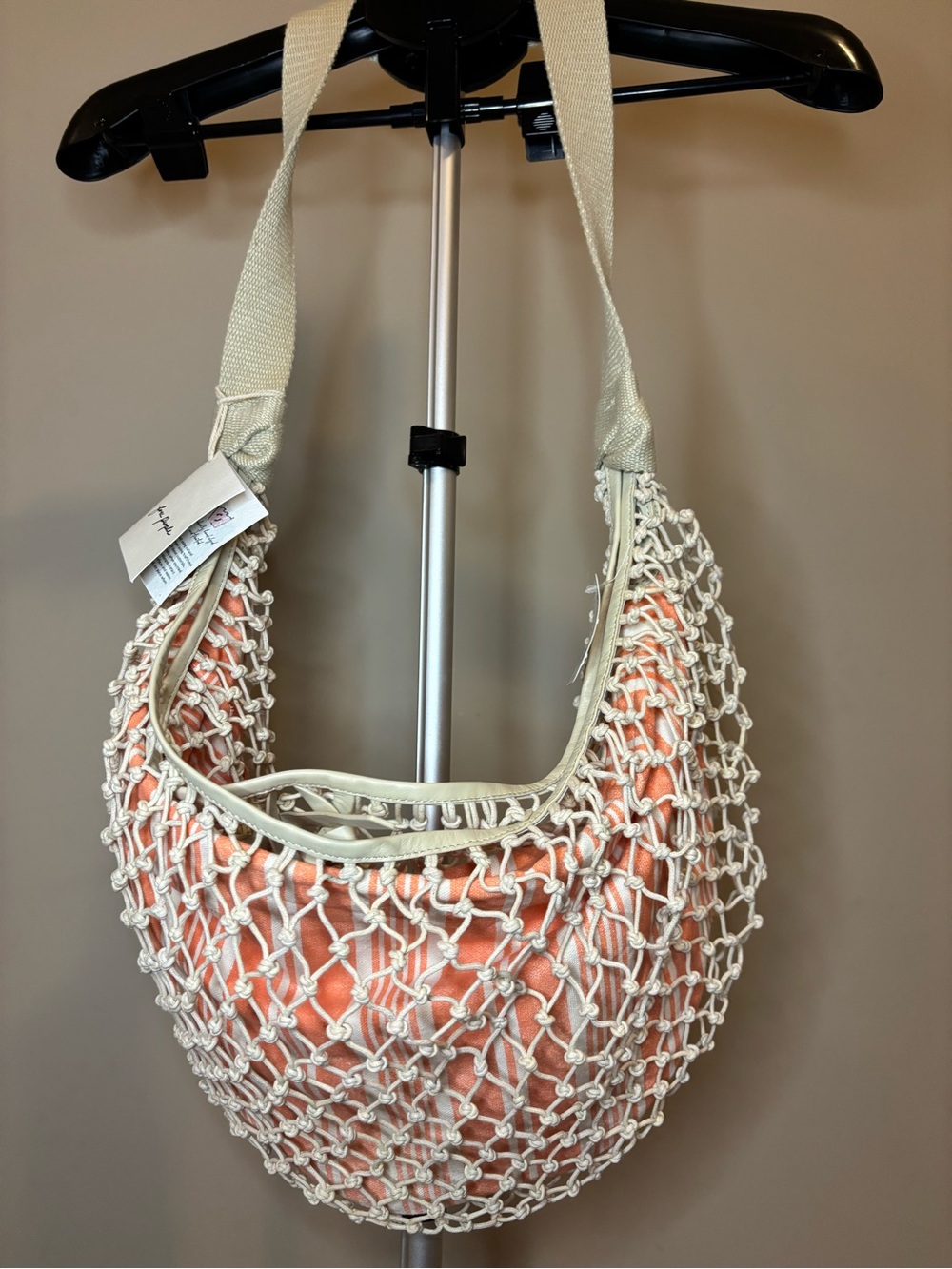 Free People NWT /Peach/Coral & Cream Macramé Net Tote Bag Boho Beach Bag $98
